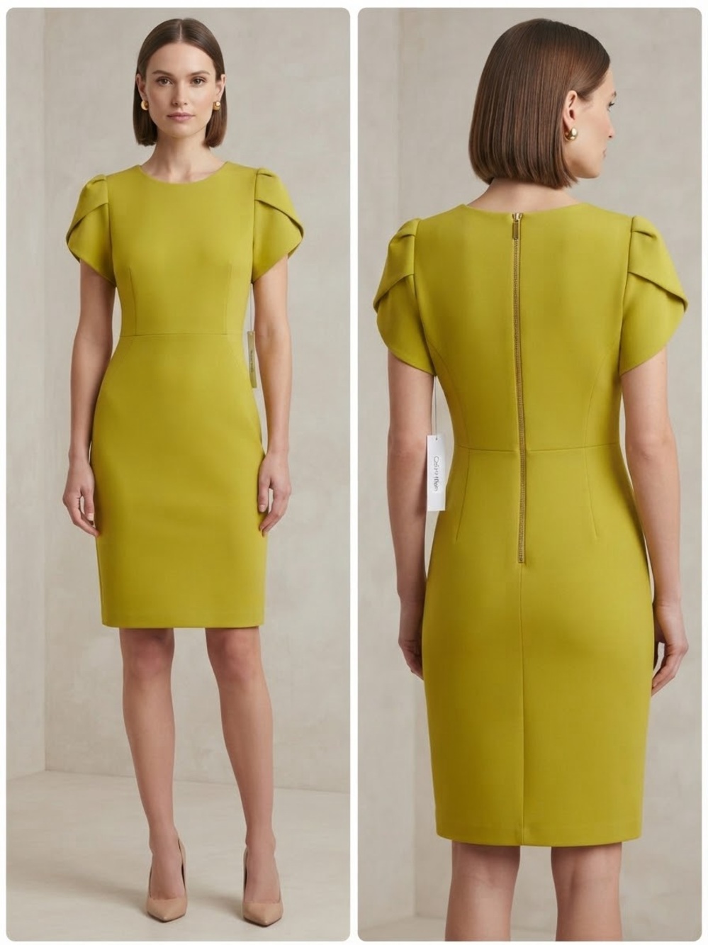 Calvin Klein Olive Green Pleated Sleeve Sheath Dress – Size 8 (NWT)